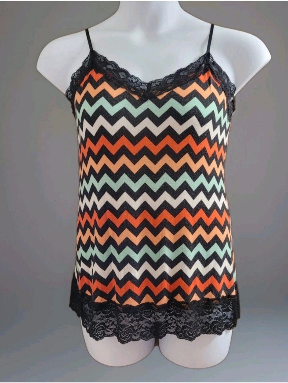 Rue21 Black Orange Cream Chevron Lace Trim Cami